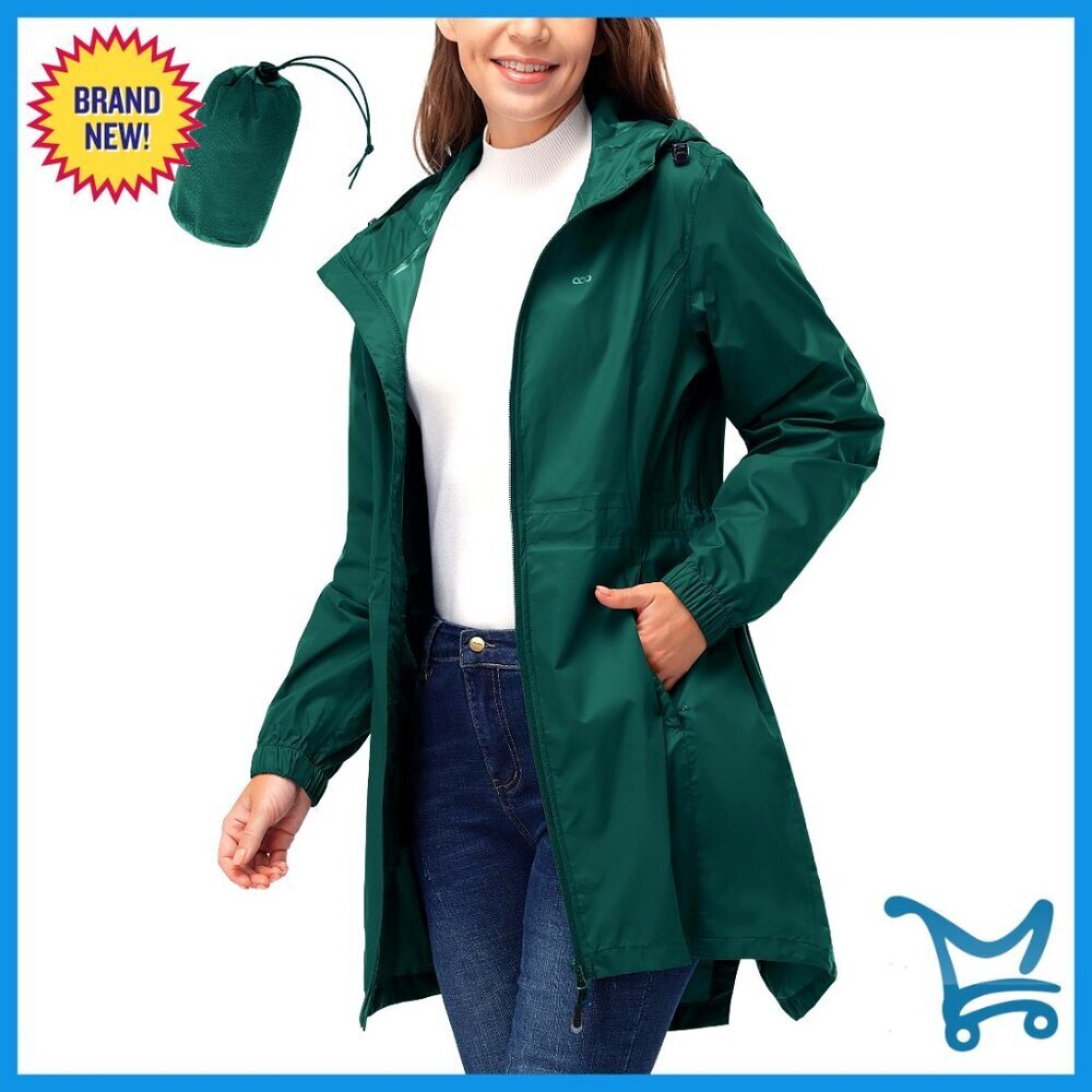 Women's Waterproof Long Rain Jacket Hooded Packable Windbreaker Trench Coat